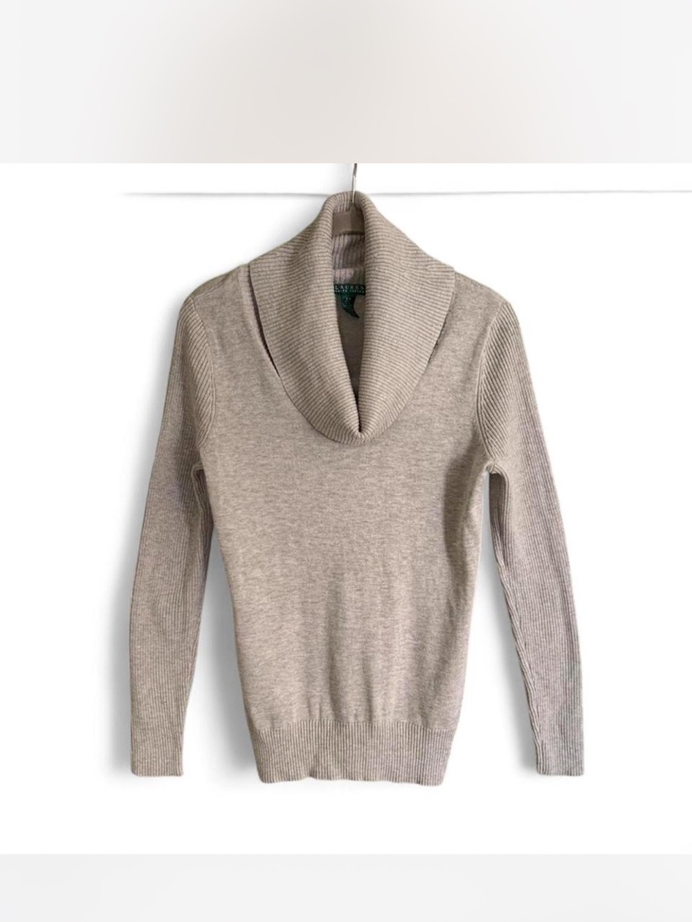 Old Money Ralph Lauren Classic Workwear Cozy Taupe Cowl Neck Sweater size S